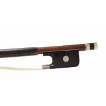 Silver mounted violoncello bow, unstamped, the stick round, the ebony frog inlaid with pearl eyes