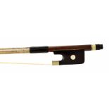 Nickel mounted violoncello bow stamped C.H. within scrolls, the stick round, the ebony frog inlaid