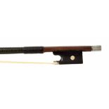 Silver mounted violin bow stamped J. Brown JNR, the stick round, the ebony frog inlaid with pearl