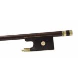 French nickel mounted violin bow stamped Stentor, the stick round, the ebony frog inlaid with