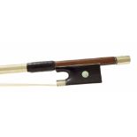 Nickel mounted violin bow stamped Emile Ouchard, the stick round, the ebony frog inlaid with pearl