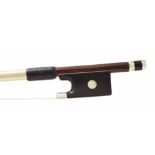 Early 20th century silver mounted viola bow, unstamped, the stick round, the ebony frog inlaid