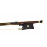 French nickel mounted violin bow stamped J. Pikadoulak, the stick round, the ebony frog inlaid