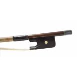 Silver mounted violoncello bow stamped Collin Mezin, the stick round, the ebony frog inlaid with