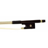 French nickel mounted violin bow circa 1890, unstamped, the stick round, the ebony frog inlaid