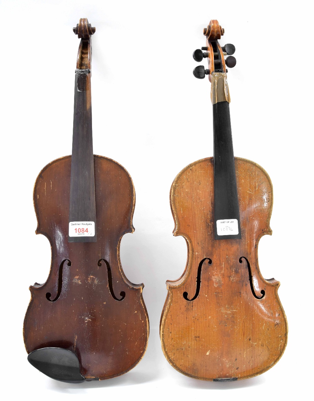 Three-quarter size violin, 13 3/8", 34cm; also another three-quarter size violin, 13 1/4", 33.