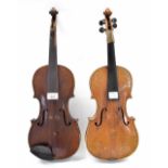 Three-quarter size violin, 13 3/8", 34cm; also another three-quarter size violin, 13 1/4", 33.