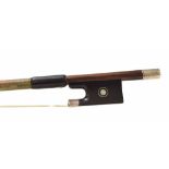 Silver mounted violin bow stamped E. Sartory á Paris, the stick round, the ebony frog inlaid with