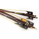 Four nickel mounted unstamped violoncello bows; also two nickel mounted unstamped violin bows (6)