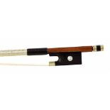 French nickel mounted violin bow by J. Thibouville-Lamy, the stick round, the ebony frog inlaid with