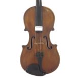 Interesting violin, unlabelled, the one piece back of faint medium curl with similar wood to the