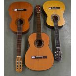 Three classical guitars in need of attention, comprising a Suzuki no. 166, a Vincente Sanchis and