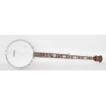 Contemporary five string open back banjo, with abalone and pearl inlay to the fretboard and head,