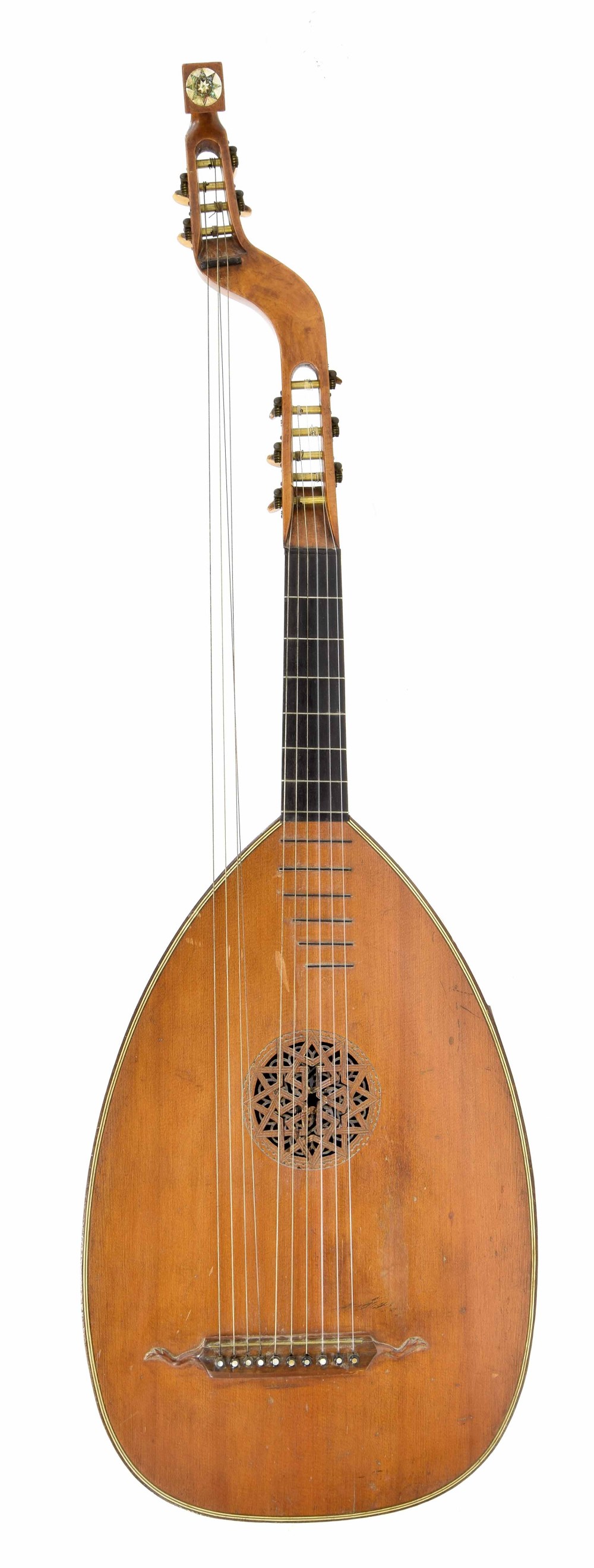 Interesting lute guitar, stamped W. Dyoer to the back of the sickle head, the bowl back of eleven