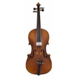 Mid 20th century three-quarter size violin labelled Nicolaus Amatus..., 13 1/4", 33.70cm, bow, case