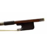 Silver mounted violoncello bow stamped P. Blanchard á Lyon, the stick round, the ebony frog plain