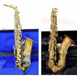 Meister alto saxophone; together with an alto saxophone by Excelsior by Martin (no crook), both