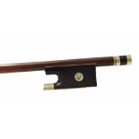 French silver mounted violin bow, unstamped, the stick round, the ebony frog inlaid with silver