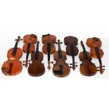 Eight various size violins; also three bows