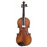 Three-quarter size violin labelled Stradivarius, 13 3/8", 34cm, bow