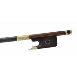 French nickel mounted violoncello bow stamped Cuniot Hury, the stick round, the ebony frog inlaid