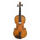 Late 19th century violin, 14 3/16", 36cm, within a flame mahogany case bearing the retail plaque