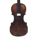 Mittenwald violin circa 1850, by a member of the Klotz family, unlabelled, in need of restoration,