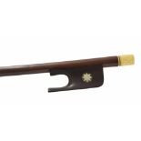 Interesting old French bow, unstamped, the stick round, the ebony frog inlaid with pearl stars and