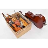 Seven various size violins, four bows and a half size contemporary violoncello