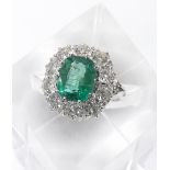 Impressive antique style emerald and diamond cushion shaped cluster ring, the emerald estimated