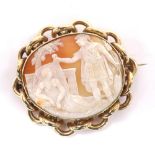 Mid 19th century oval cameo shell brooch depicting Antony and Cleopatra in a gold loop design mount,