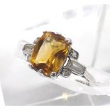 Art Deco platinum citrine and diamond ring, the citrine 2.05ct approx in a stepped surround with