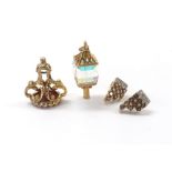 Pair of 9ct gem set earrings, 9ct cornelian fob pendant and a 9ct crystal lantern charm, 14.4gm (4)