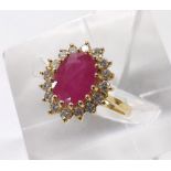 18ct yellow gold ruby and diamond oval cluster ring, 4.6gm, cluster 16mm x 15mm, ring size L/M