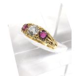 Antique style 18ct claw set ruby and diamond three stone ring, round old-cut, 0.80ct, approx,
