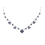 14ct white gold sapphire and diamond necklace, with round brilliant-cut diamonds and heart shaped