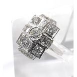 Art Deco style 18ct diamond dress cluster ring, round brilliant and baguette-cut diamonds, estimated