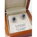 Pair of 18ct white gold sapphire and diamond oval cluster earrings, post backs, 10mm x 8mm, boxed
