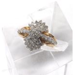9ct yellow gold diamond cluster ring with set shoulders, 17mm, 3.4gm, ring size M