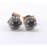 Pair of yellow gold sapphire and diamond cluster earrings, 3.6gm, 9mm diameter