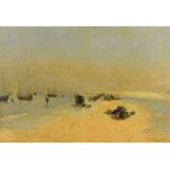 Fernand (Just) Quignon (1854-1941) - 'L'Amvee des pecheurs a Berck', beach scene with fisher folk,