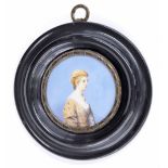 Miniature School - portrait of a seated lady in a blue background, tondo, 2.25" diameter, ebonised