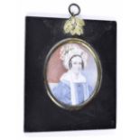 Miniature School - oval portrait of a young lady wearing a floral bonnet and blue dress, 2.75" x 2.