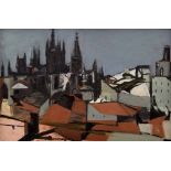 English School (20th/21st century) - Roof Tops and Buildings with a Cathedral beyond, oil on canvas,