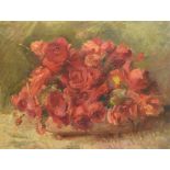 English School (20th century) - Still Life of red flowers in a vase upon a brown tray, oil on