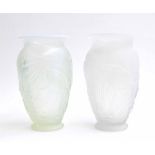 Matched pair of Art Deco Barolac opalescent glass vases, with raised moulded fish designs, one