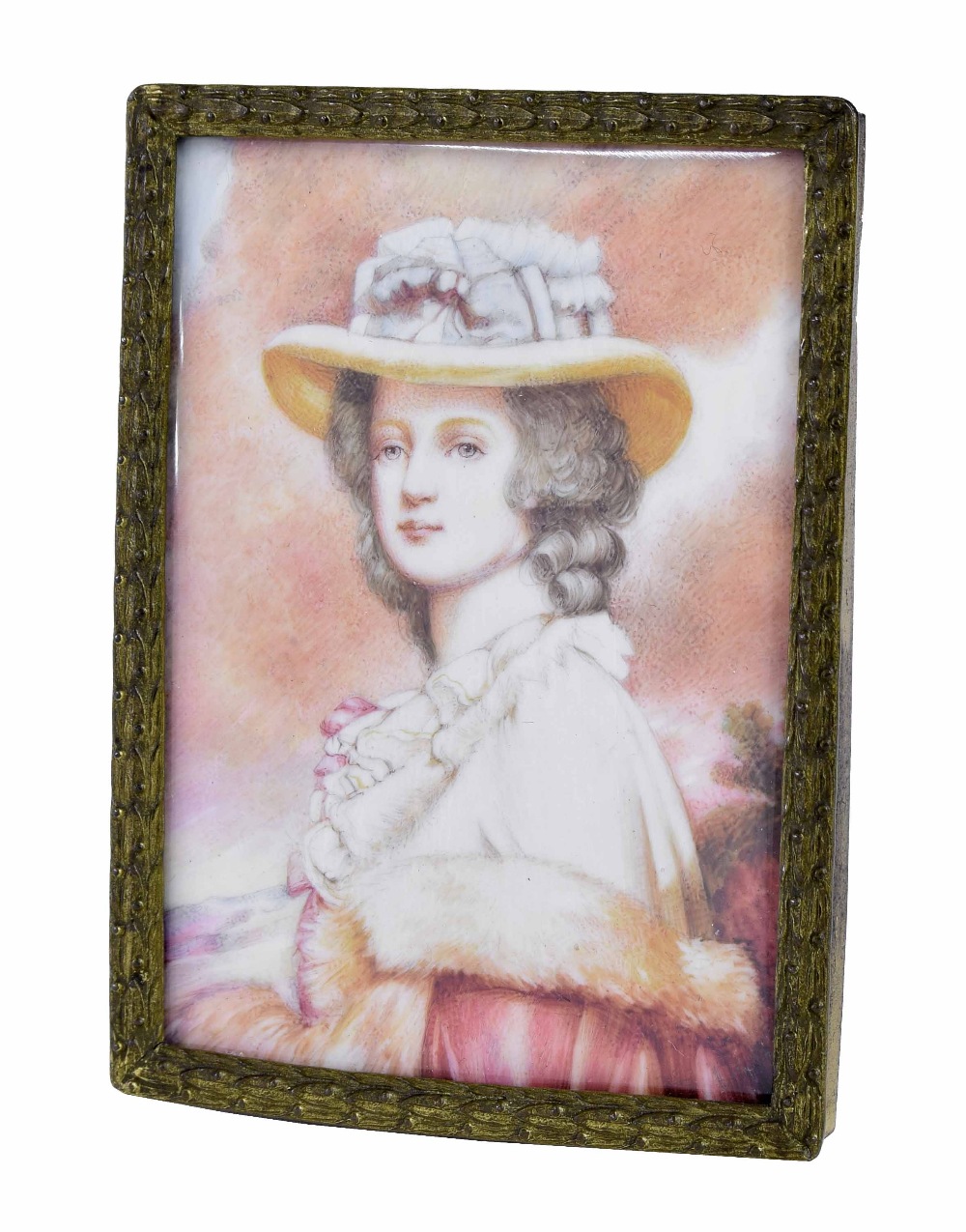 Miniature School - portrait of a lady, 3.5" x 2.5", within a cast gilt metal easel frame