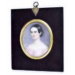 Miniature School (19th century) - oval portrait of a lady in a pink dress, titled verso 'Great