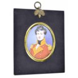 Miniature School (19th century) - oval portrait of an officer, 3.5" x 2.75", within an ebonised