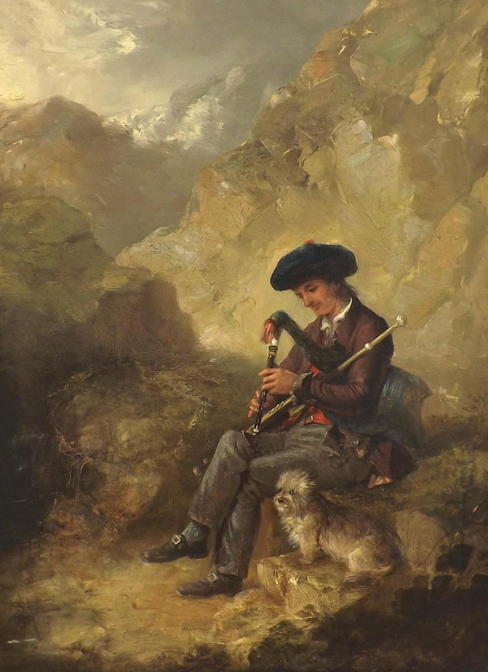 Attributed to Edward Robert Smyth (1810-1899) - boy seated on rocks playing bagpipes, a dog by his